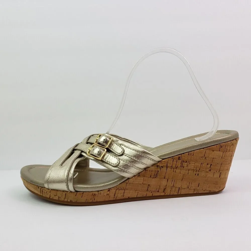 Cole Haan Womens Size 11 Gold Slip On 3 In Cork Wedge Platform Sandals
